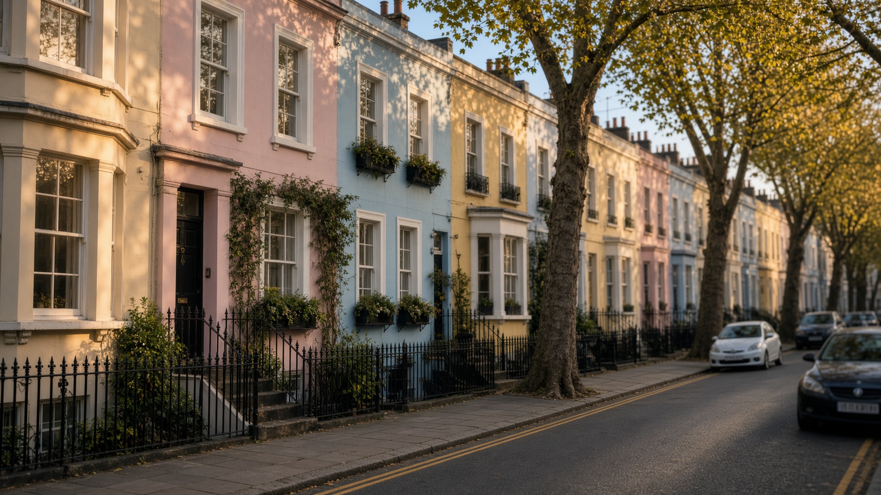 A terrace of pastel houses in Notting Hill, late afternoon.